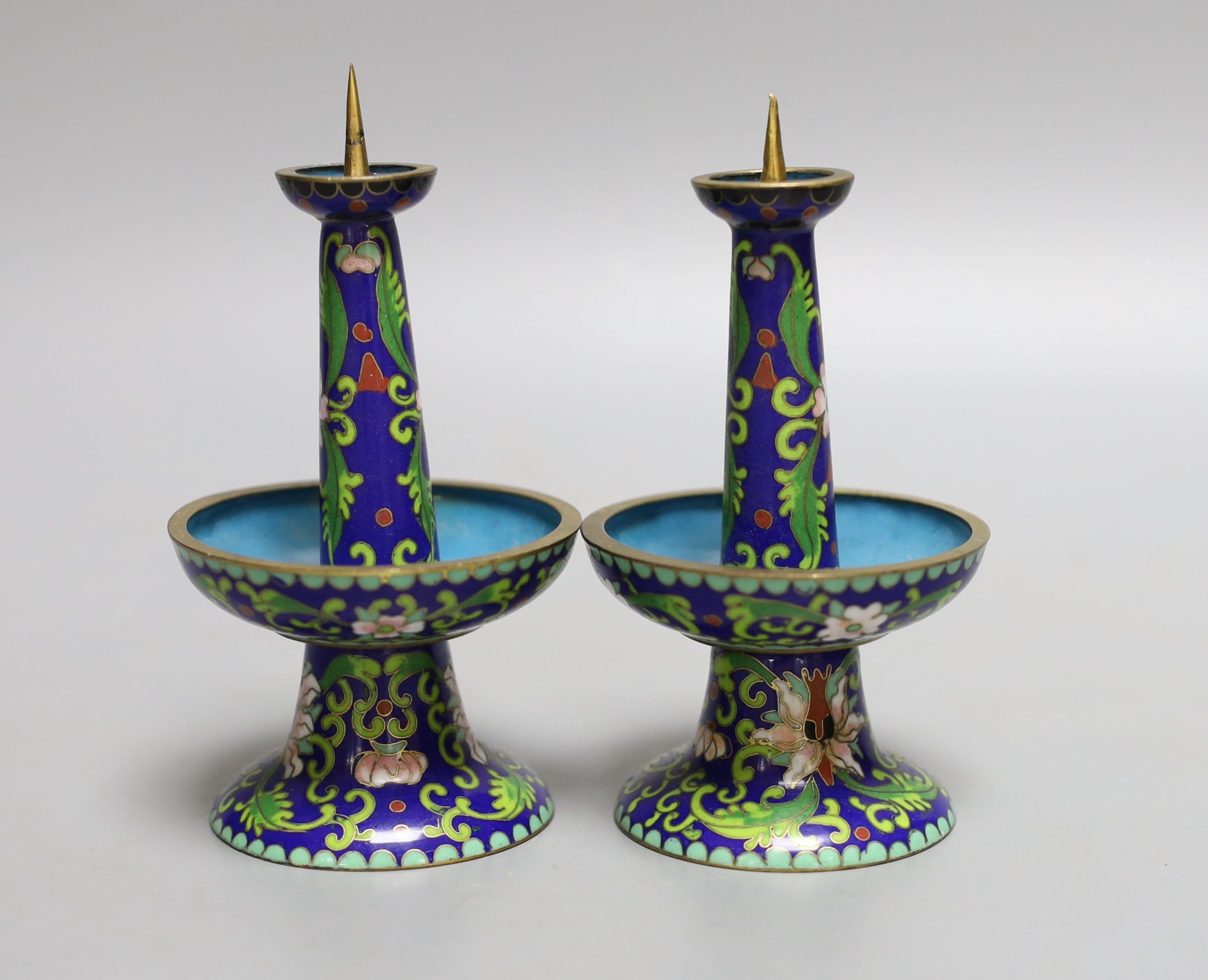 A pair of blue cloisonne pricket candlesticks - 12cm tall